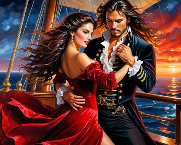 Couple on Ship Deck at Sunset with Romantic Atmosphere