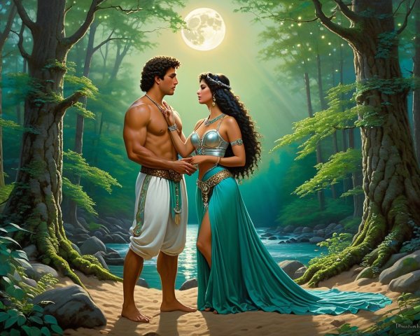 Moonlit Forest Scene with Warrior and Woman