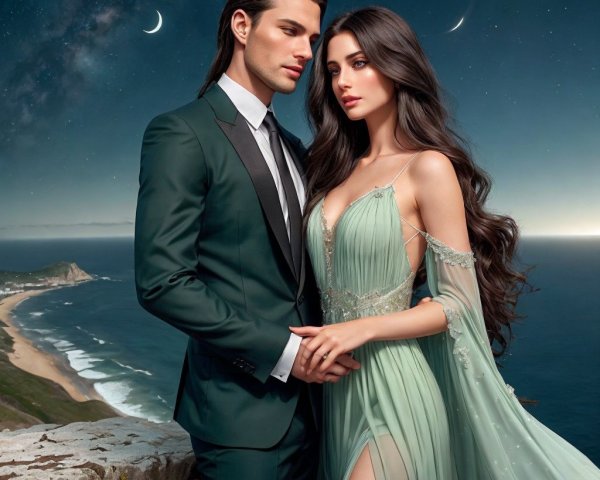 Couple in Elegant Attire Against a Night Sky Background