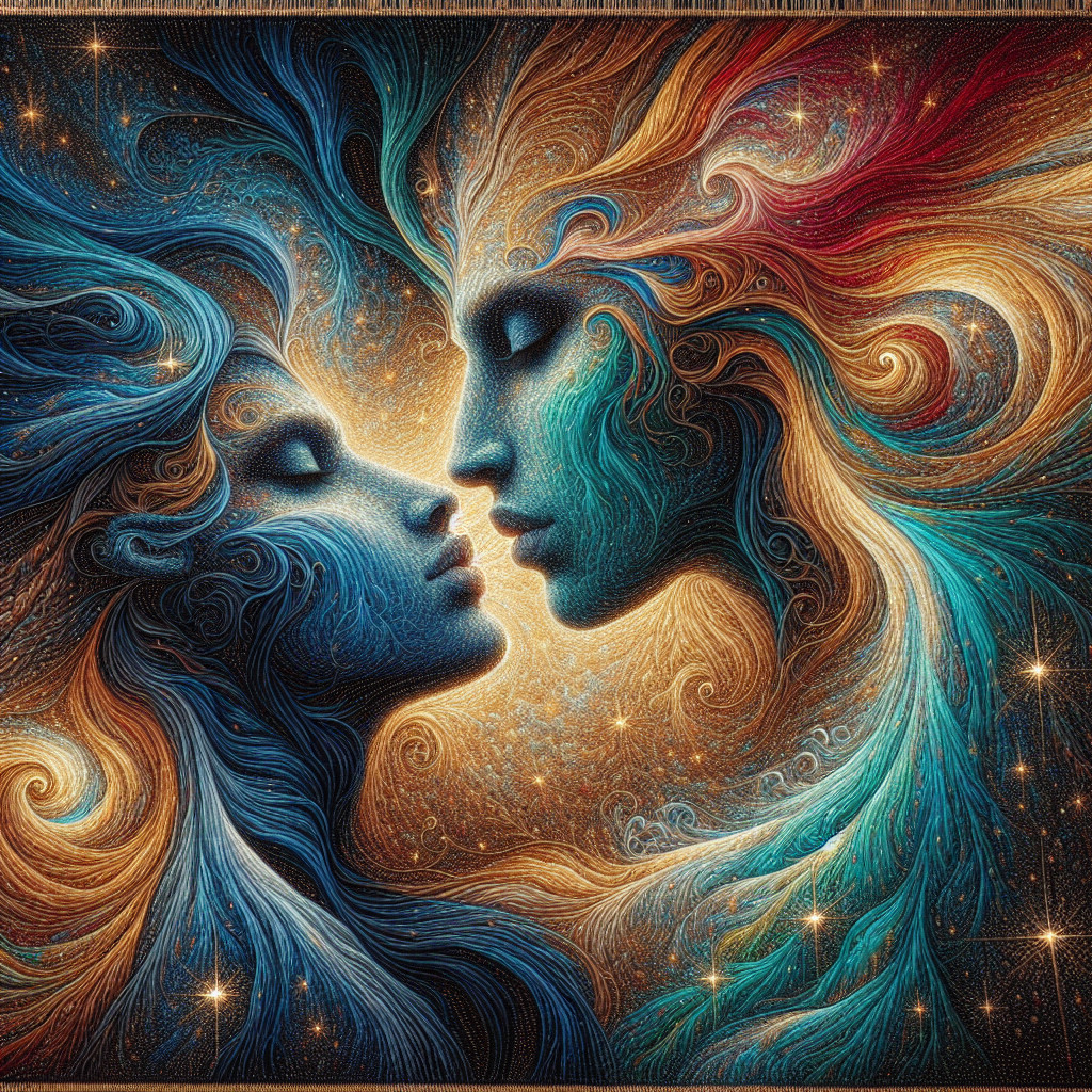 Ethereal Faces Embraced in Colorful Cosmic Art