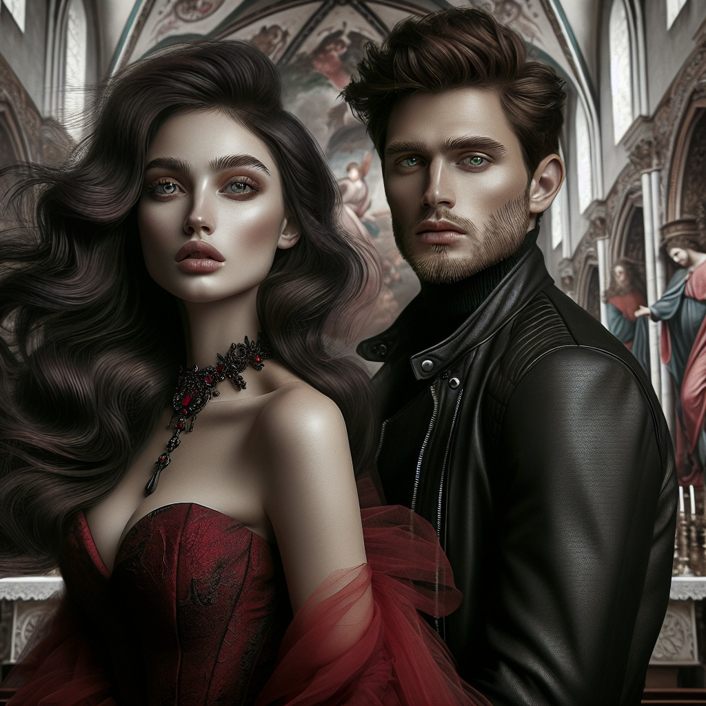 Gothic Couple in Dramatic Attire and Soft Lighting