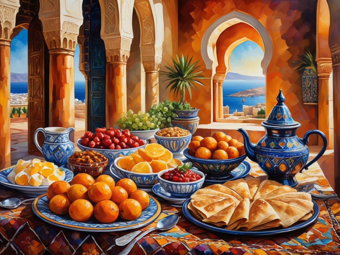 Traditional Moroccan Dishes on a Vibrant Table Setting