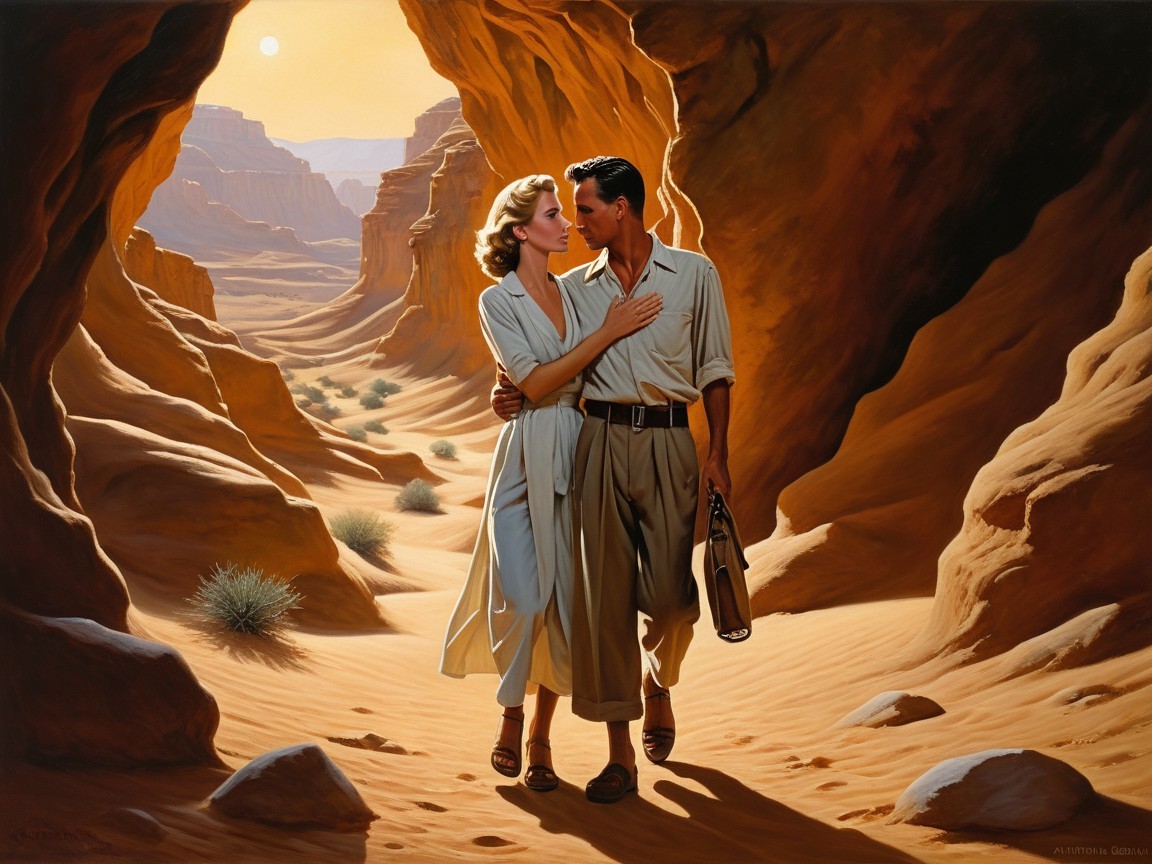 Couple Embracing in Sunlit Desert Canyon Landscape