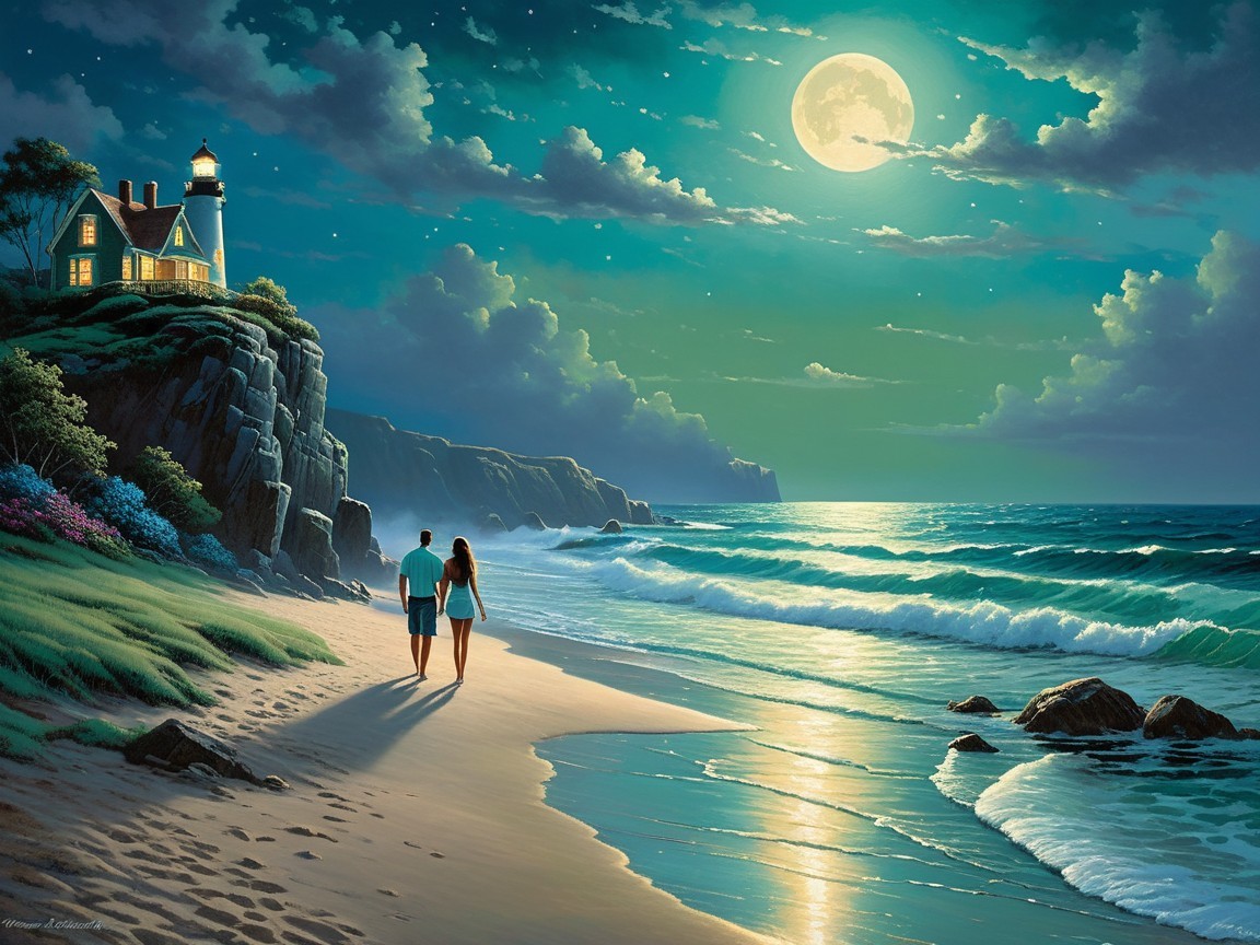 Serene Night Beach Scene with Lighthouse and Moonlight