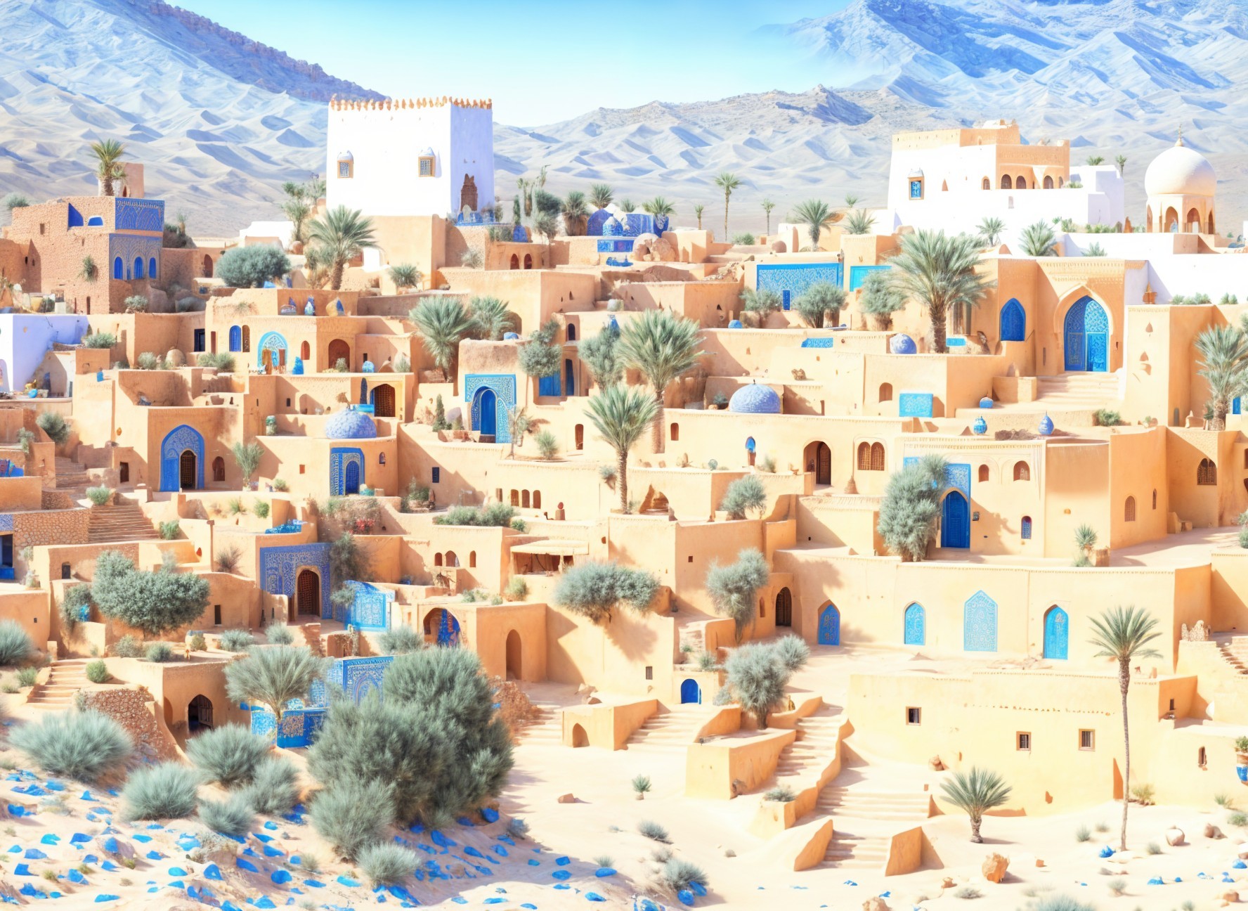 Desert Landscape with Traditional Architecture and Mountains