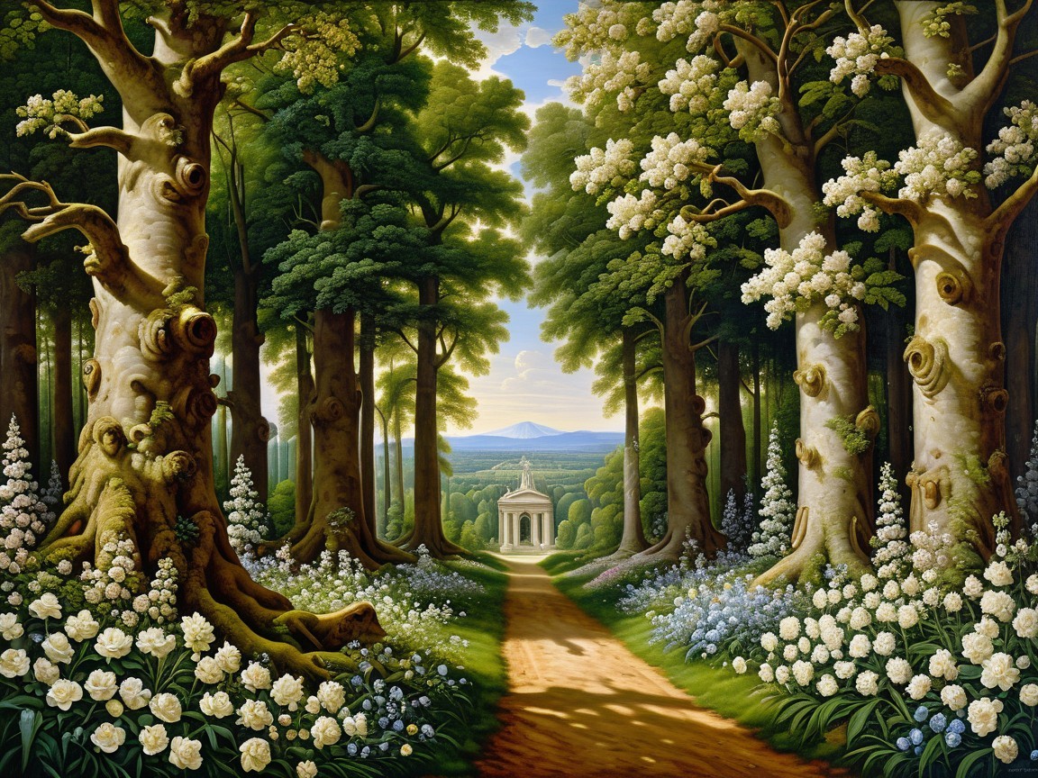 Serene Forest Path with Gazebo and Lush Foliage