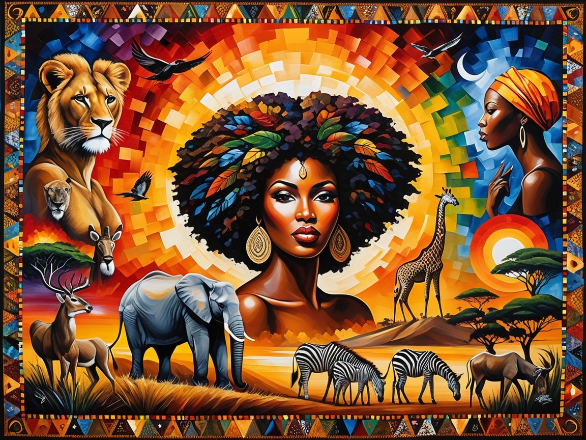 Vibrant Mural of African Woman and Majestic Wildlife