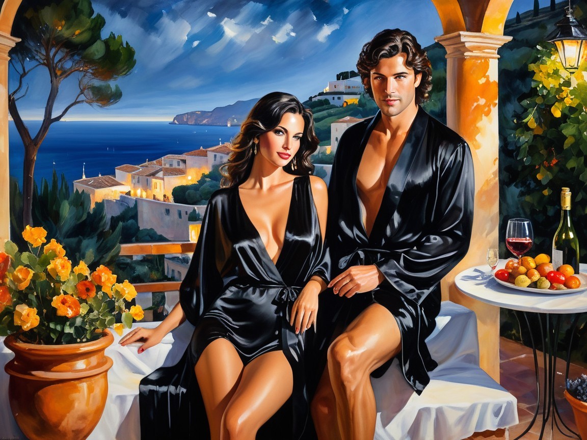 Elegant Terrace Scene with Coastal Village View