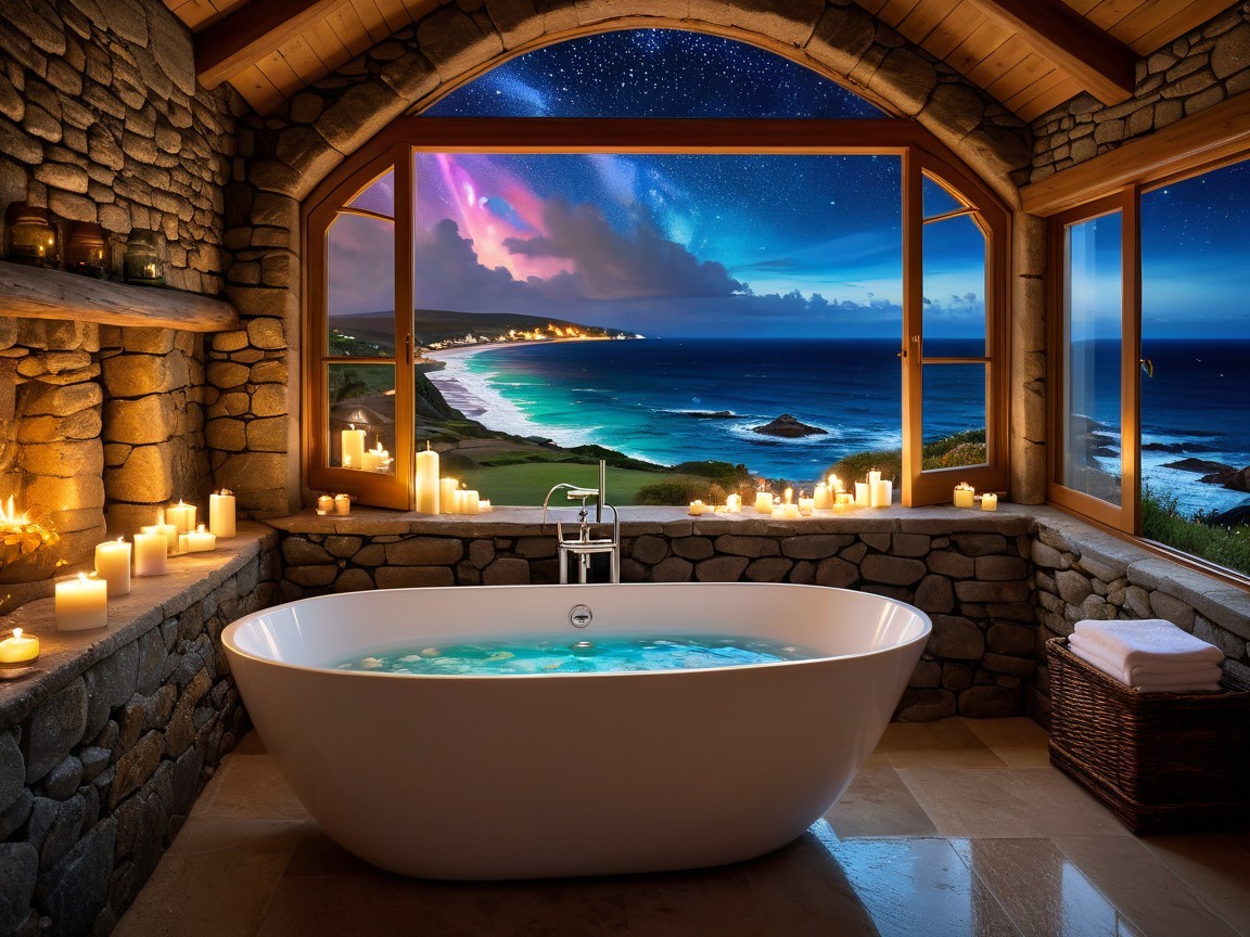 Luxurious Bathroom with Freestanding Tub and Coastal View