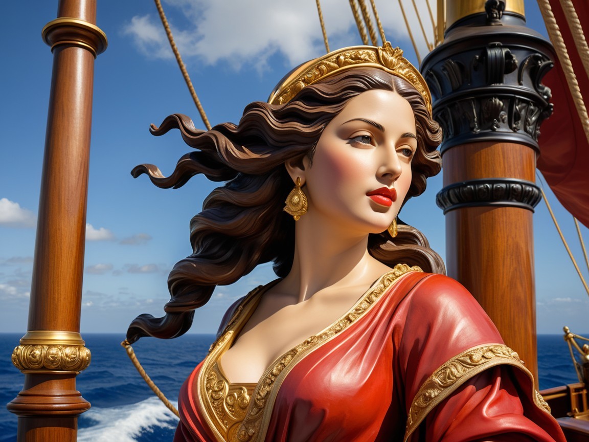 Intricately Detailed Figure of Woman at Ship's Helm