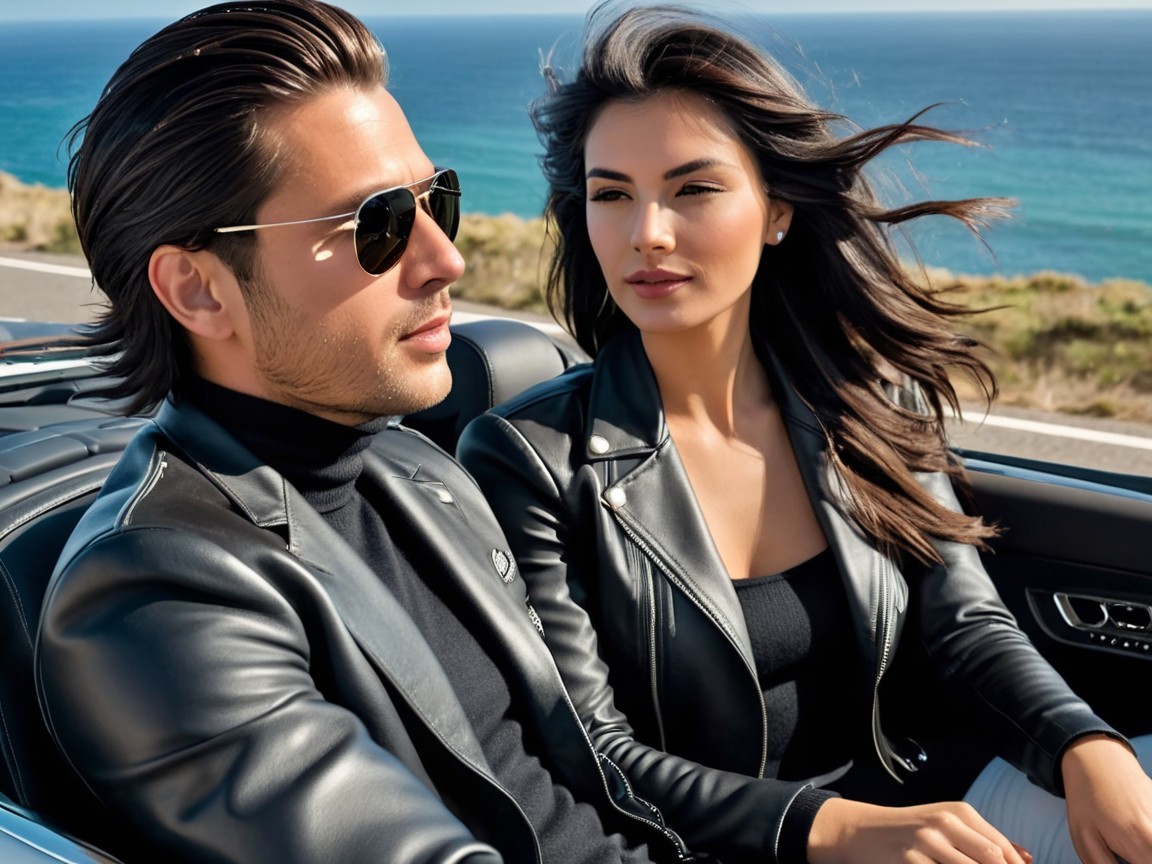 Stylish Couple in Convertible on Coastal Road