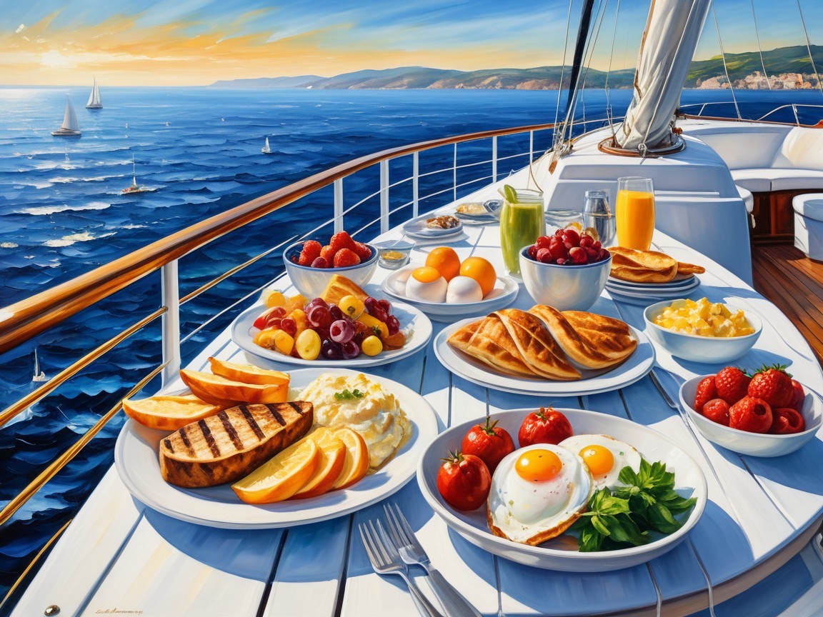 Luxurious Yacht Breakfast Spread with Ocean View