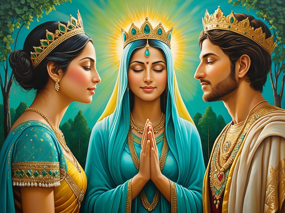 Regal Figures in Traditional Attire Surrounded by Nature