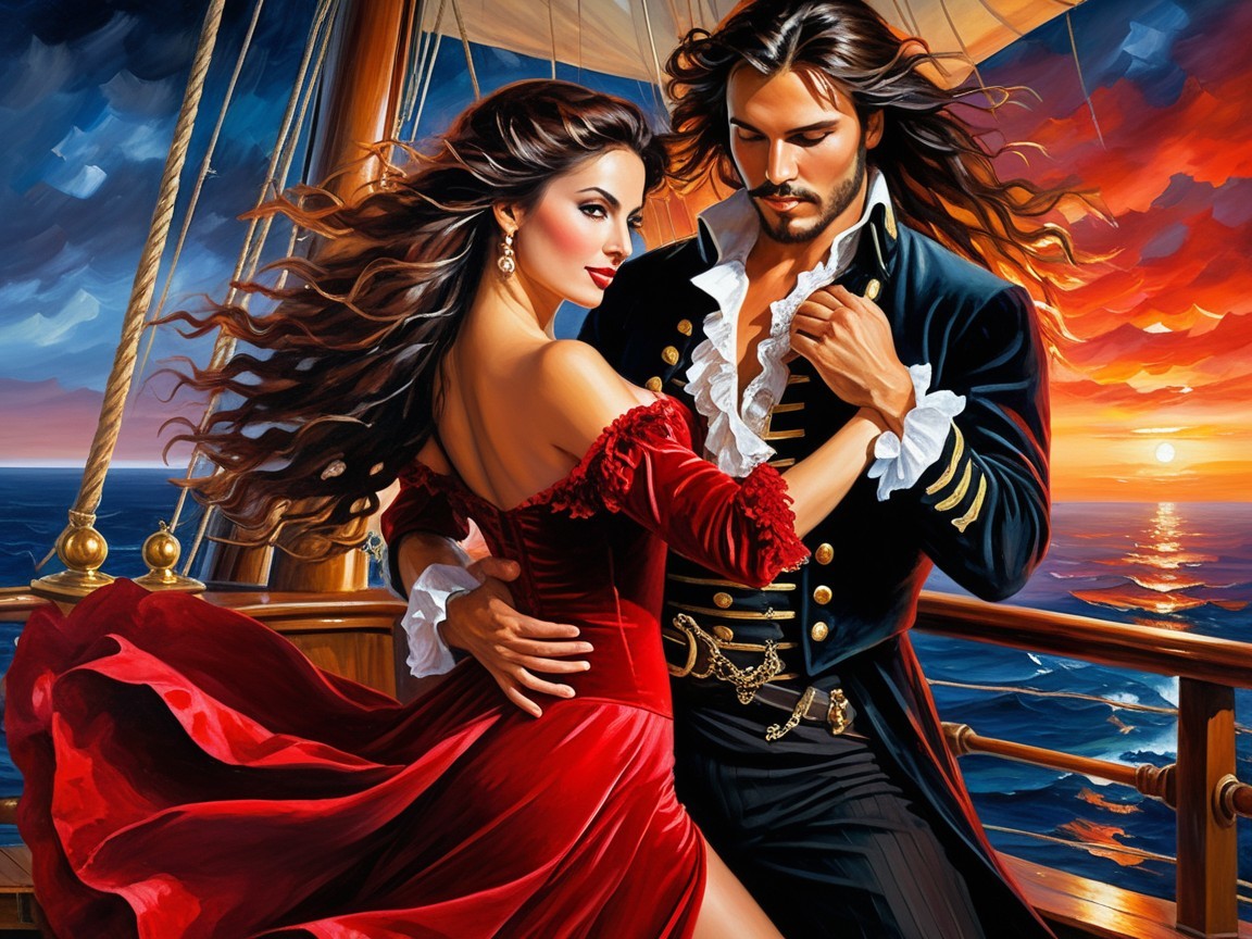 Couple on Ship Deck at Sunset with Romantic Atmosphere