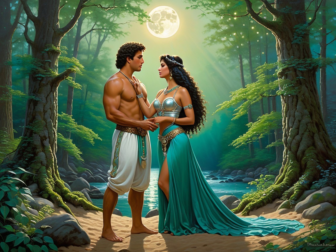 Moonlit Forest Scene with Warrior and Woman