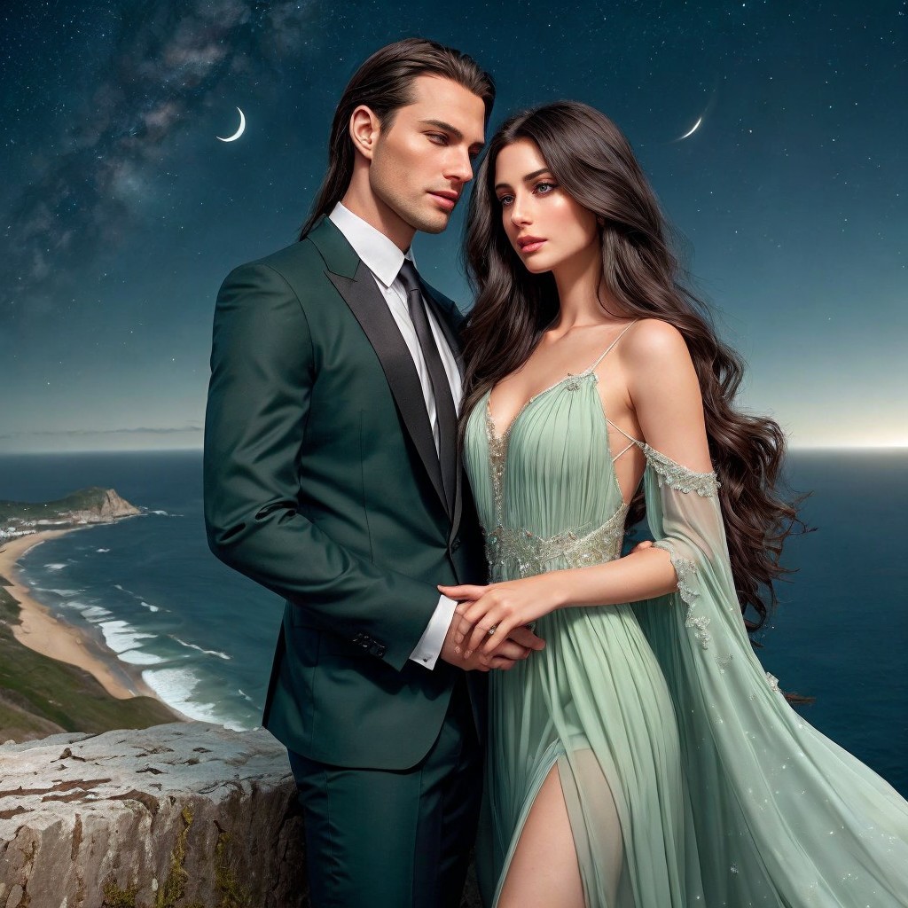 Couple in Elegant Attire Against a Night Sky Background