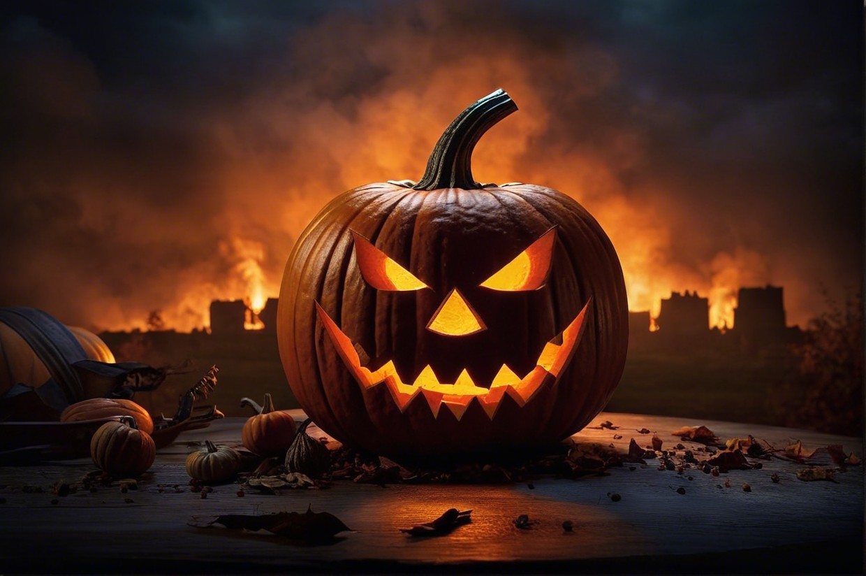 Carved Pumpkin with Sinister Glow and Autumn Setting