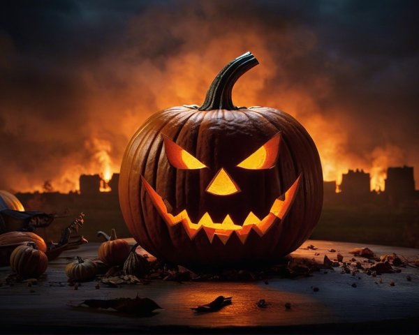 Carved Pumpkin with Sinister Glow and Autumn Setting