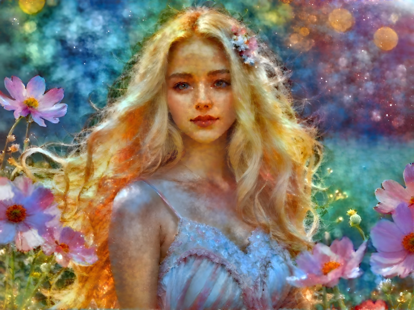 Young Woman Surrounded by Vibrant Flowers and Lights
