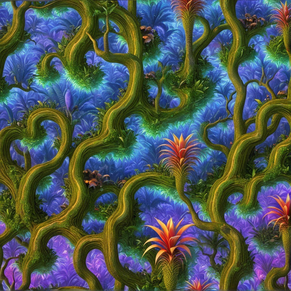 Lush Jungle Scene with Vibrant Foliage and Flowers