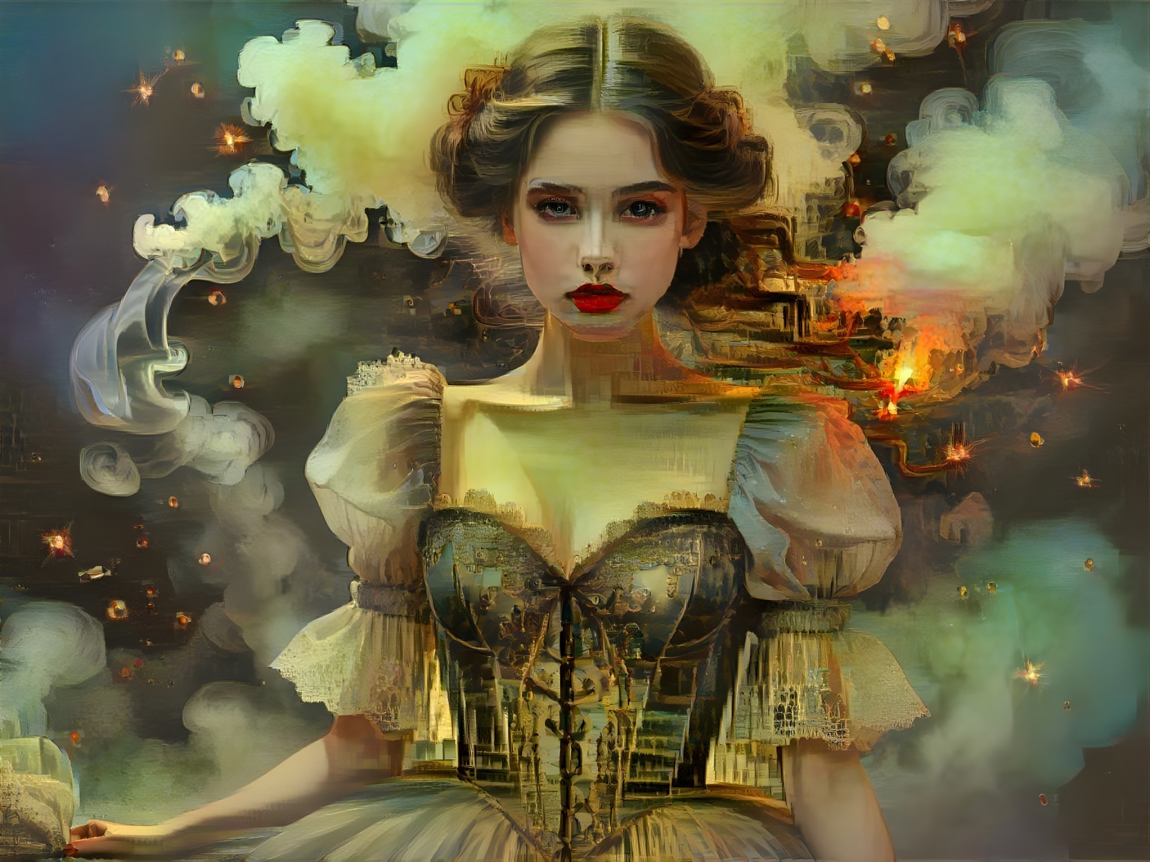 Ethereal Beauty in Vintage Gown with Mystical Background