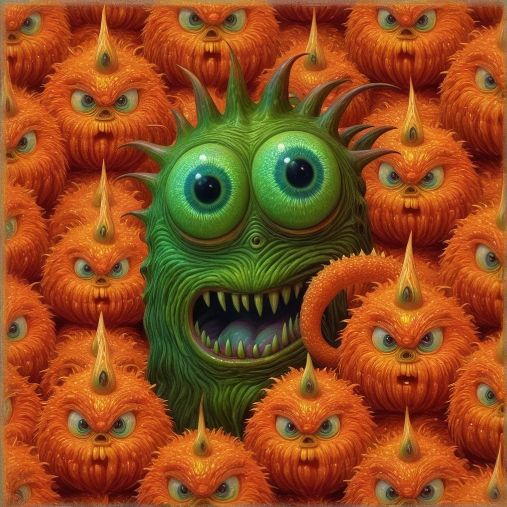 Large Green Monster Among Spiky Orange Creatures