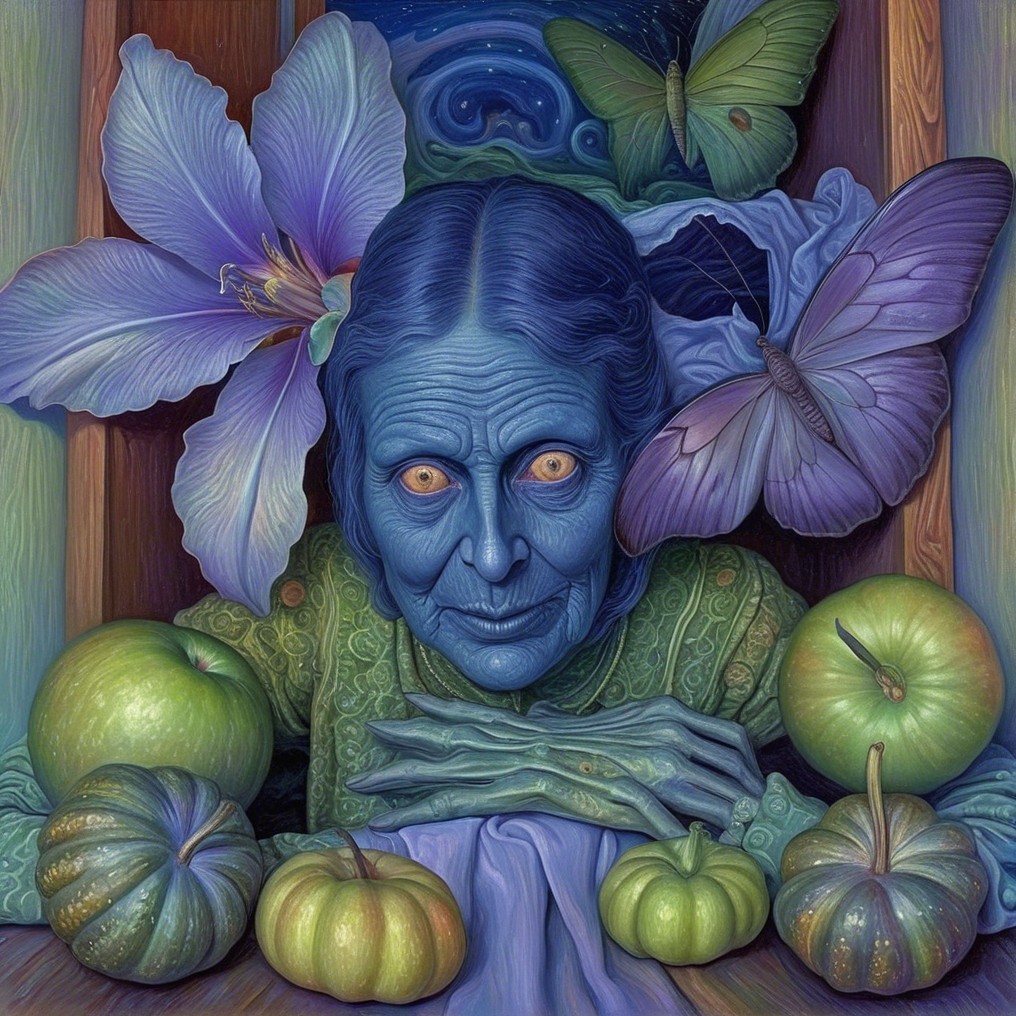 Blue-Skinned Figure Surrounded by Butterflies and Fruits