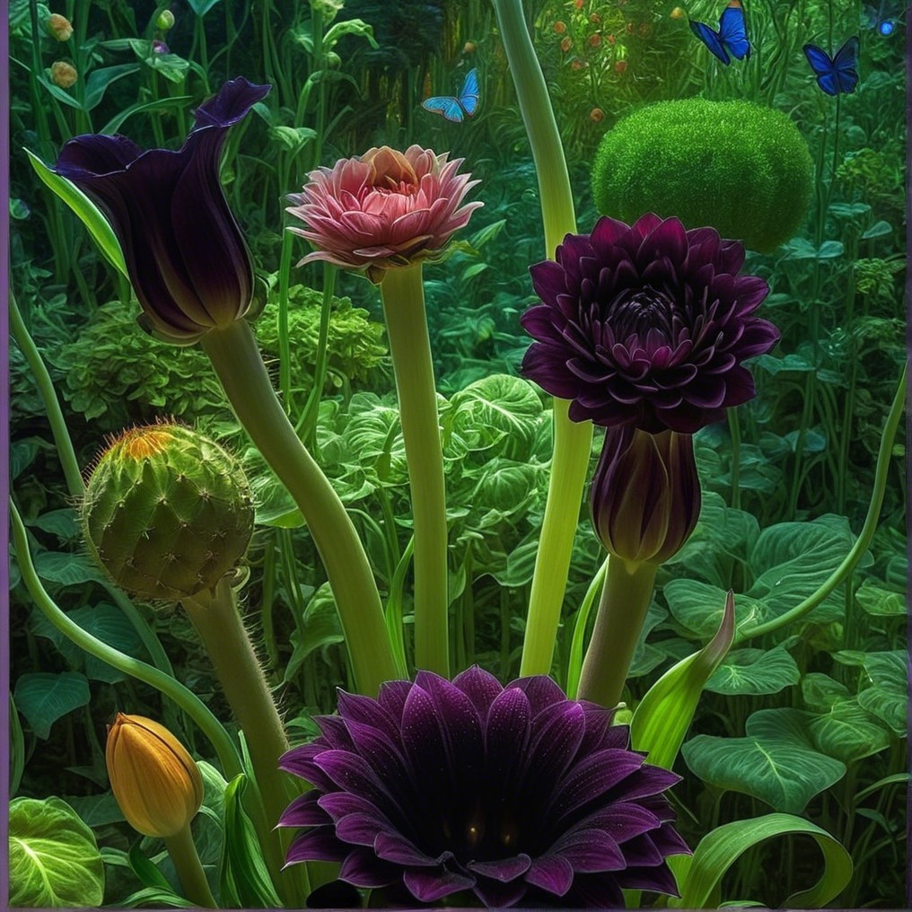 Vibrant Garden Scene with Oversized Colorful Flowers