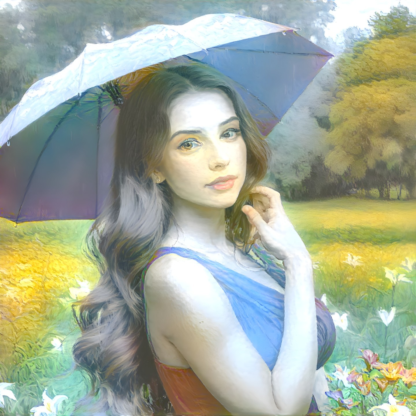 Young Woman in Vibrant Meadow with Colorful Umbrella