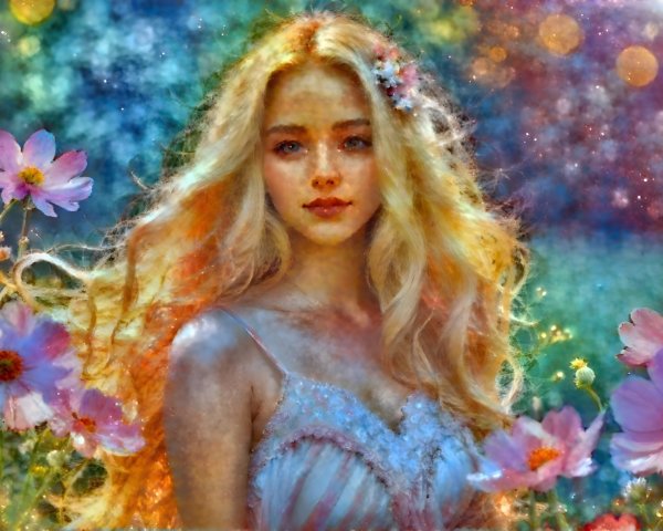 Young Woman Surrounded by Vibrant Flowers and Lights