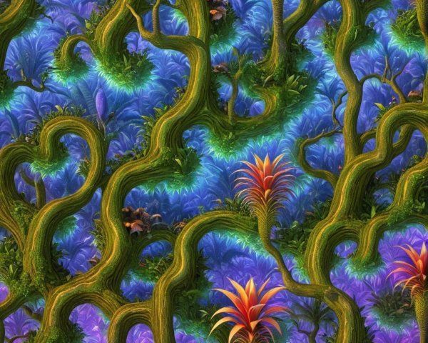 Lush Jungle Scene with Vibrant Foliage and Flowers