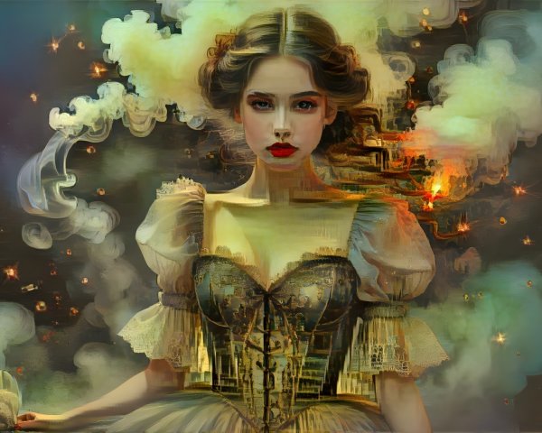 Ethereal Beauty in Vintage Gown with Mystical Background