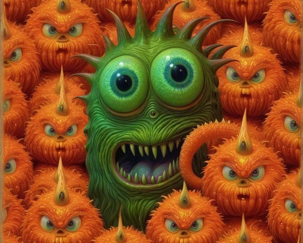 Large Green Monster Among Spiky Orange Creatures