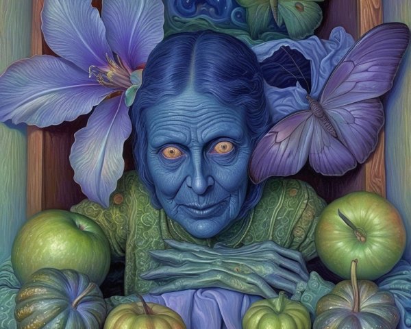 Blue-Skinned Figure Surrounded by Butterflies and Fruits