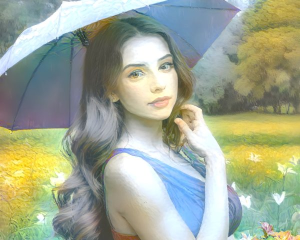 Young Woman in Vibrant Meadow with Colorful Umbrella