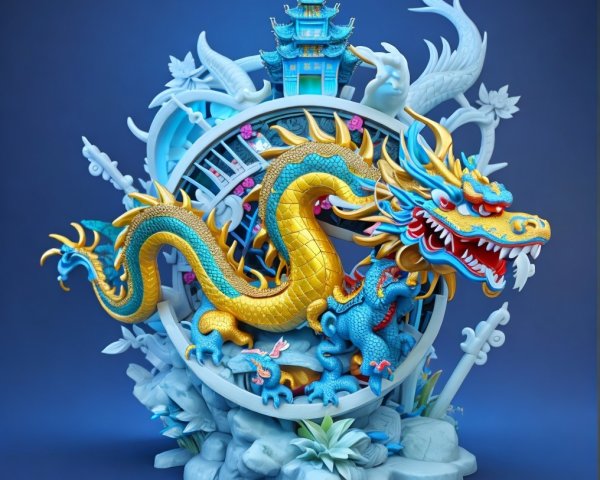 Intricate Dragon and Clock Design with Pagoda Background