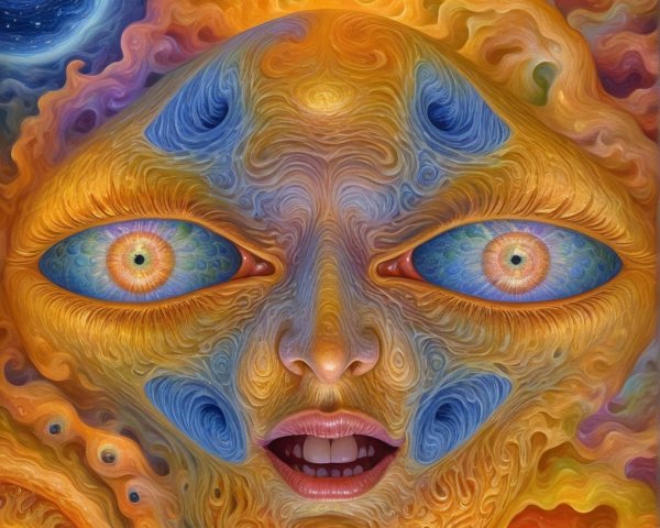 Surreal Face with Vibrant Eyes in Cosmic Background