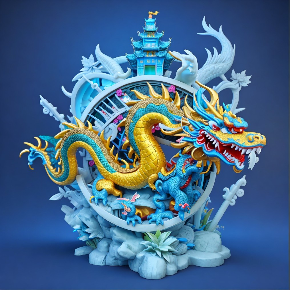 Intricate Dragon and Clock Design with Pagoda Background