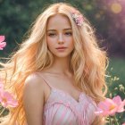 Young Woman Surrounded by Vibrant Flowers and Lights