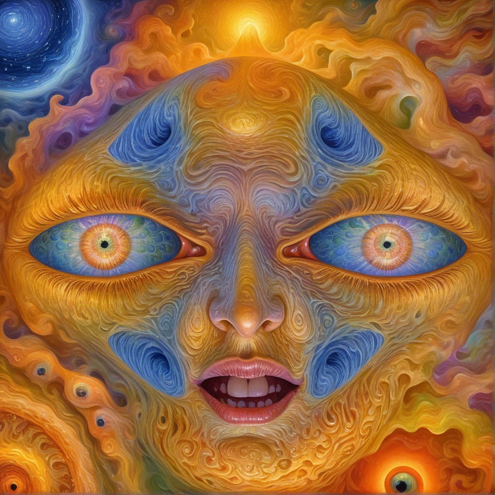 Surreal Face with Vibrant Eyes in Cosmic Background