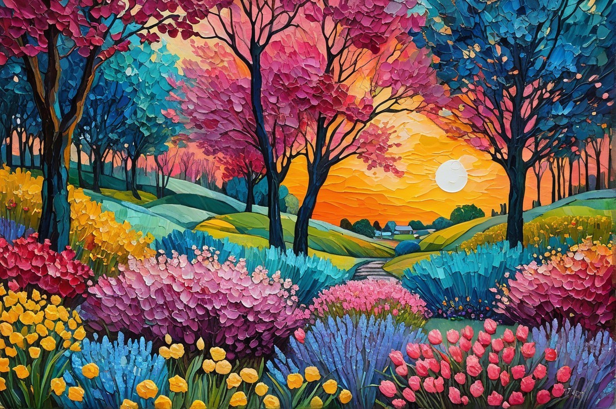 Vibrant Landscape with Colorful Blooming Trees and Hills