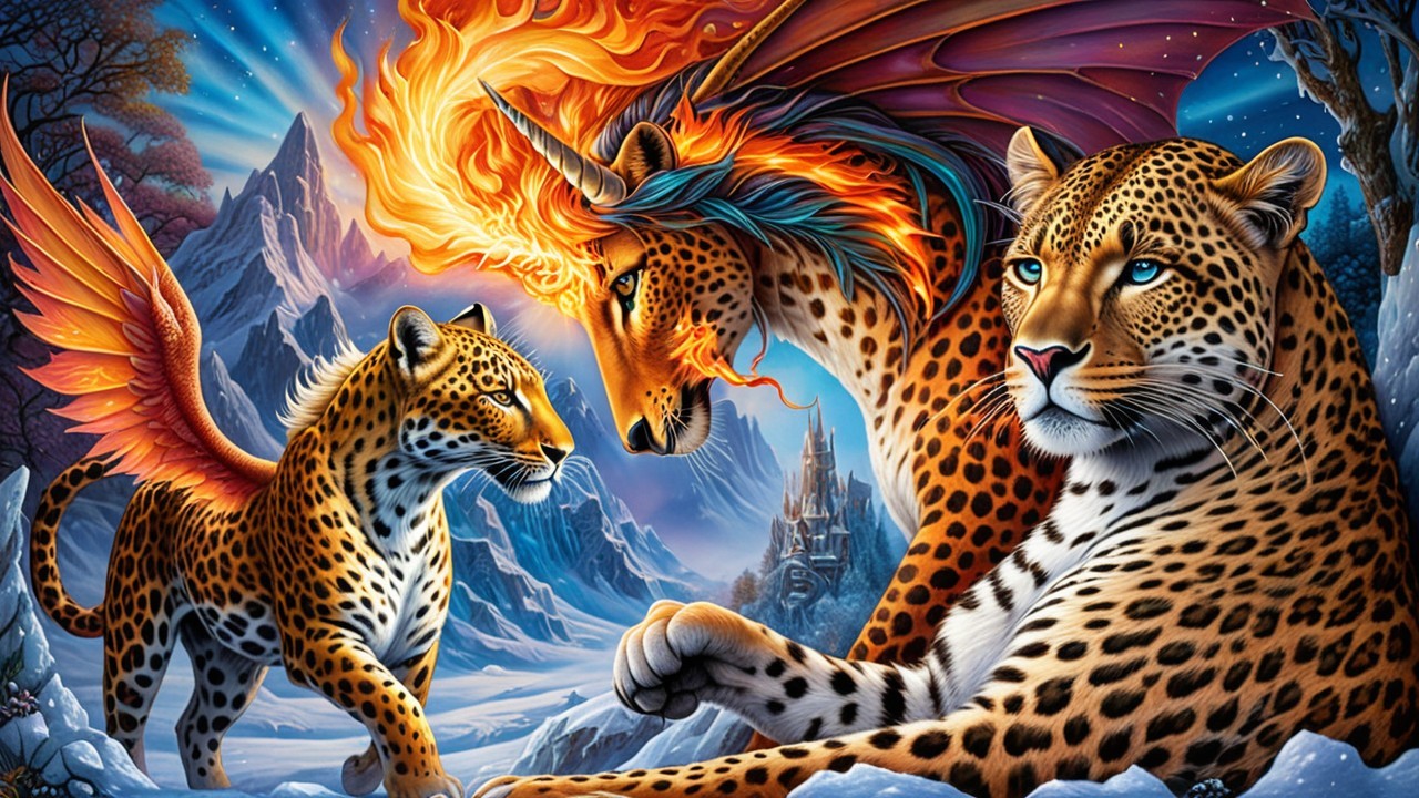 Leopards and Mythical Creature in Dramatic Landscape