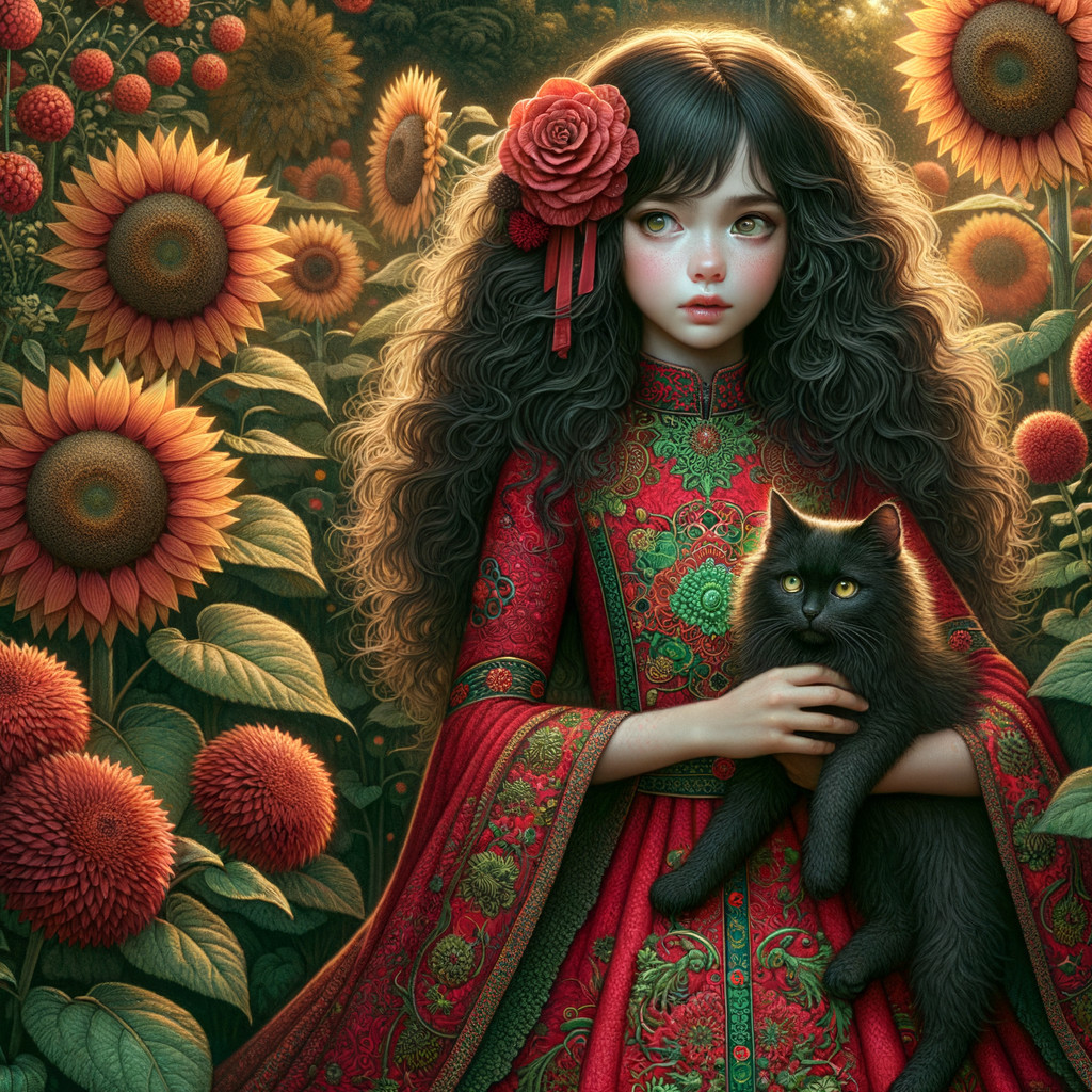 Young girl in red dress with cat among sunflowers