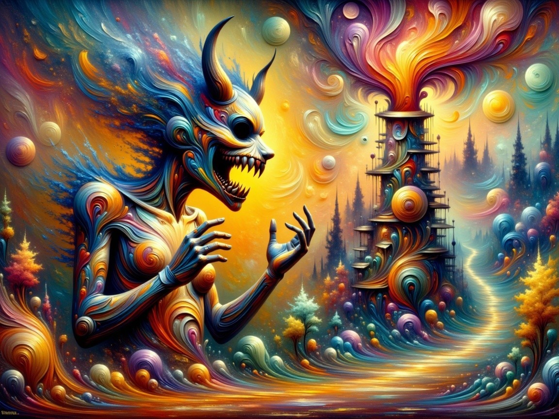 Surreal Landscape with Monstrous Figure and Tower