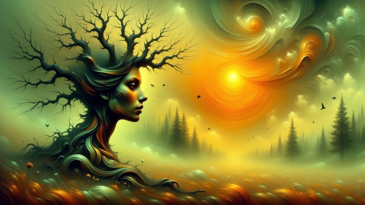 Surreal Landscape of Woman and Tree Merging