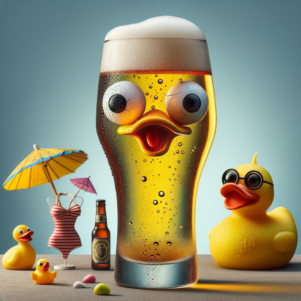 Playful Beach Scene with Cartoonish Beer Glass and Ducks