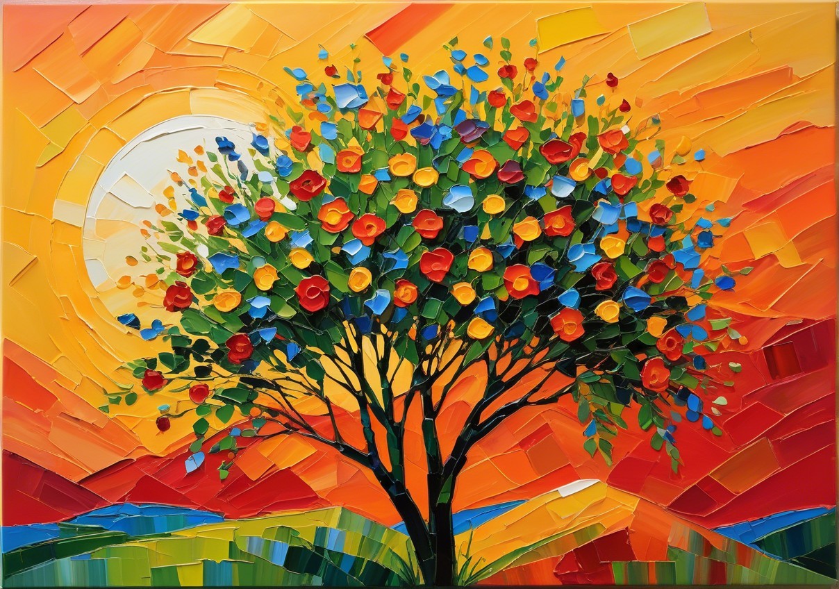 Impressionistic Painting of Tree with Colorful Blooms
