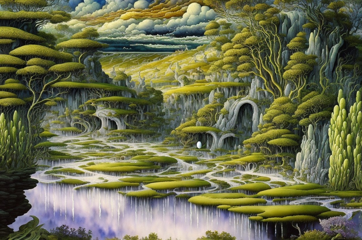 Surreal Landscape with Lush Greenery and Unique Features