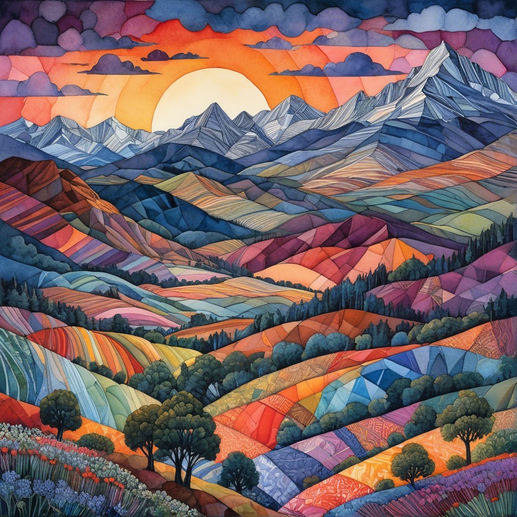 Vibrant Landscape with Sunset Over Rolling Hills