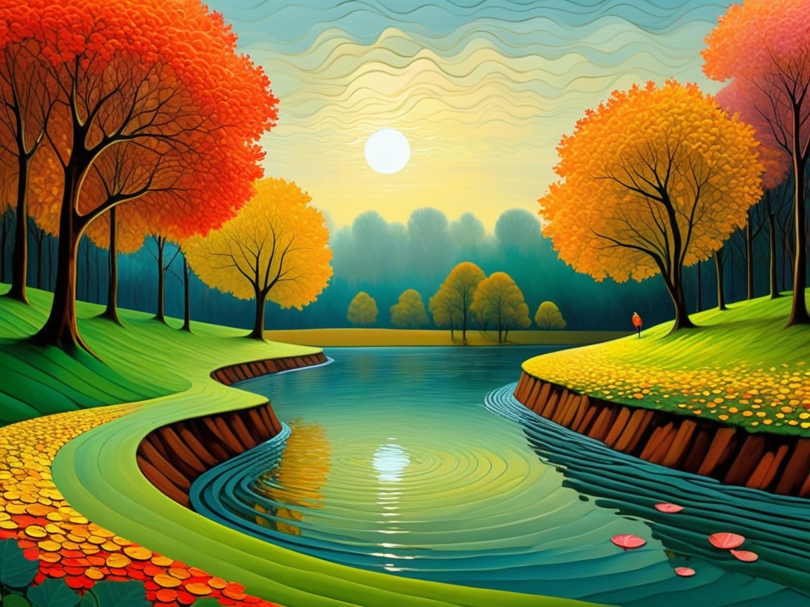 Serene Autumn Landscape with Winding River and Trees